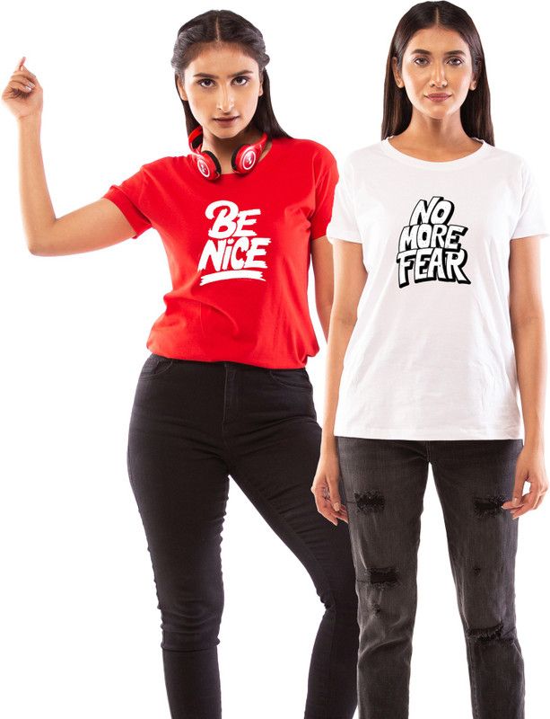 Pack of 2 Women's Printed T-Shirt Cotton Round Neck, Half Sleeve Trendy & Stylish Tshirts Women Typography Round Neck Pure Cotton Red, White T-Shirt