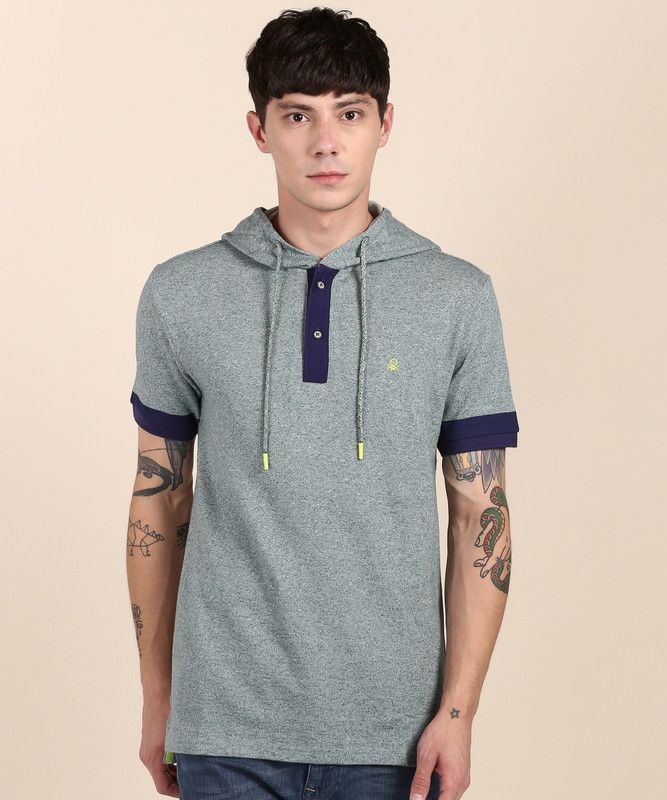 Men Colorblock Hooded Neck Pure Cotton Green T-Shirt