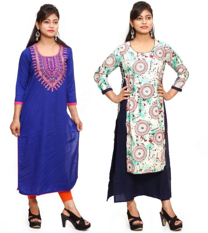 Pack of 2 Women Printed, Embroidered Viscose Rayon Straight Kurta  (Blue)