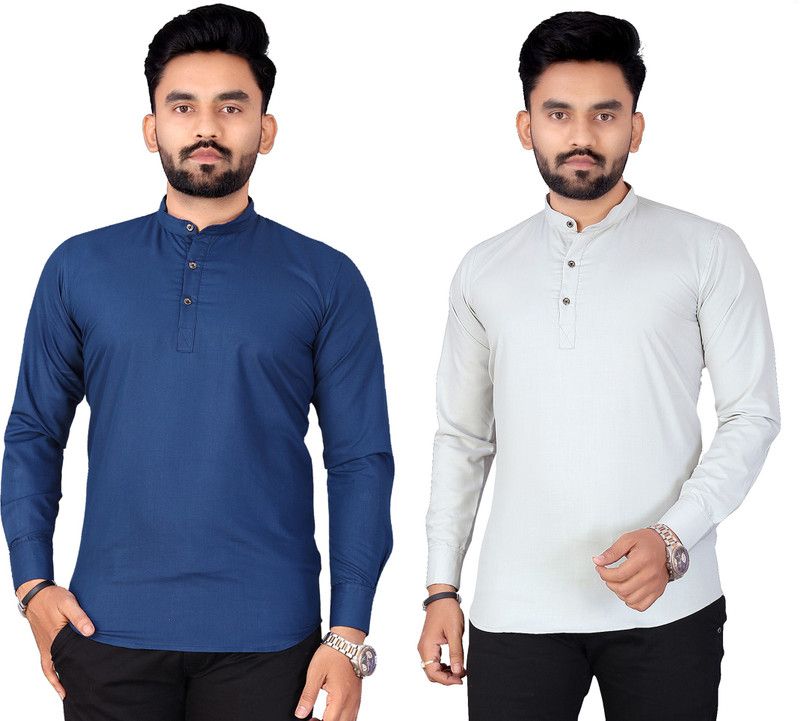 Pack of 2 Men Solid Viscose Rayon Straight Kurta  (Dark Blue, Grey)