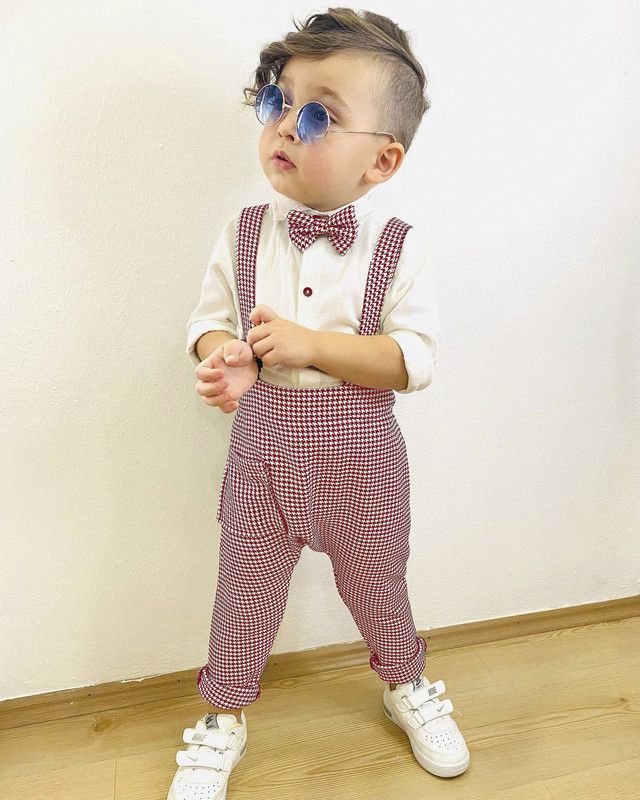 Dungaree For Baby Boys Party Checkered Cotton Silk  (Maroon, Pack of 1)