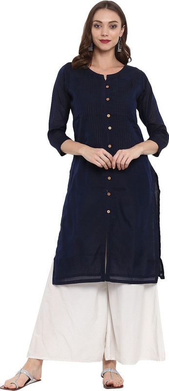 Women Solid Chanderi Frontslit Kurta  (Dark Blue)