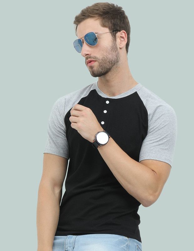 Men Colorblock Henley Neck Cotton Blend Black T-Shirt