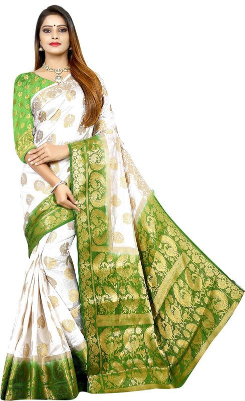 Woven, Polka Print Kanjivaram Tussar Silk, Pure Silk Saree  (Green)