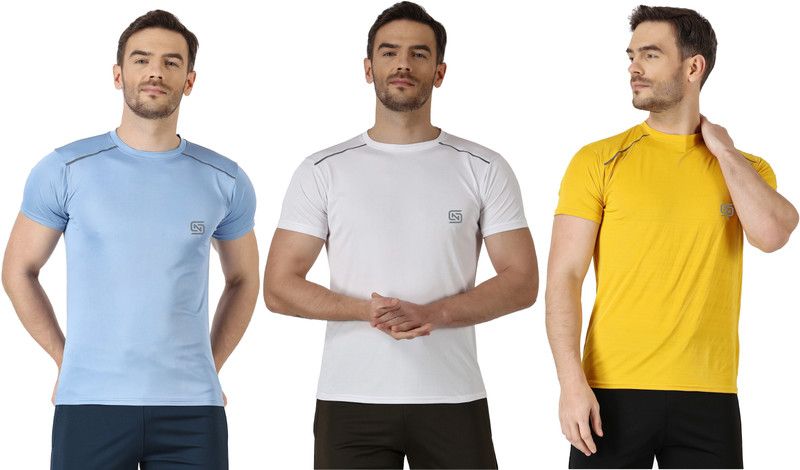Pack of 3 Men Solid Round Neck Polyester Light Blue, White, Yellow T-Shirt