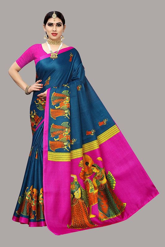 Printed Madhubani Art Silk Saree  (Dark Blue)