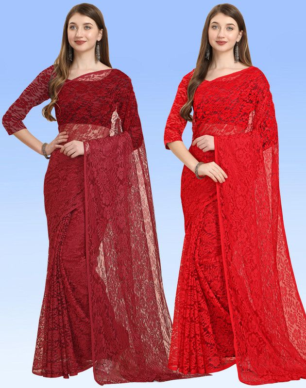 Embellished Bollywood Net, Brasso Saree  (Pack of 2, Maroon, Red)