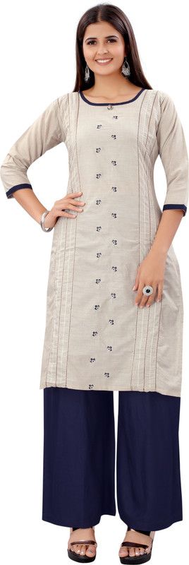 Women Embroidered Cotton Rayon Straight Kurta  (Beige)