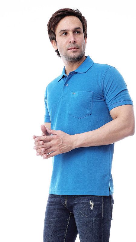 Men Solid Polo Neck Cotton Blend Navy Blue T-Shirt