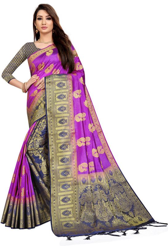 Banarasi Silk Blend Saree  (Purple)