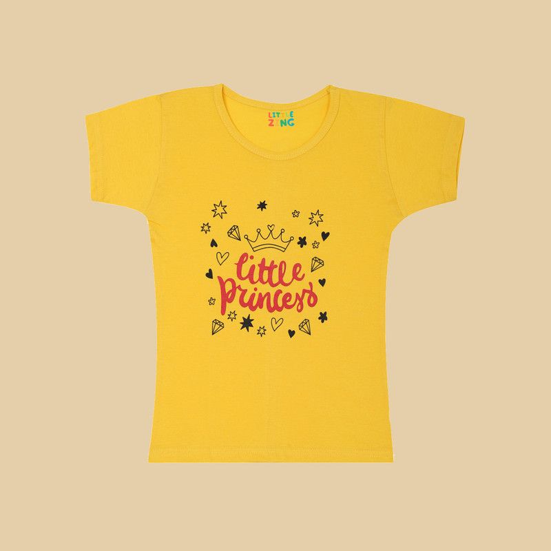 Girls Typography Pure Cotton T Shirt  (Yellow, Pack of 1)
