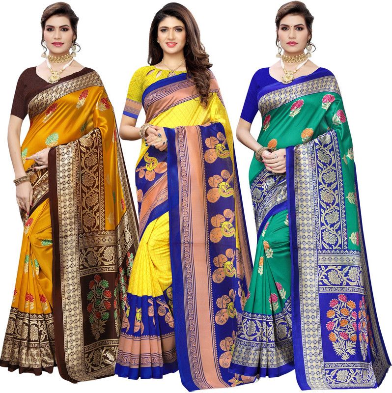 Printed, Geometric Print, Floral Print Assam Silk Cotton Silk Saree  (Pack of 3, Green, Brown, Yellow)