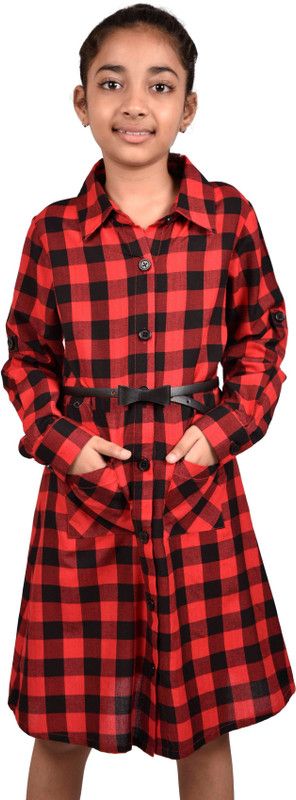 Girls Midi/Knee Length Casual Dress  (Red, Full Sleeve)