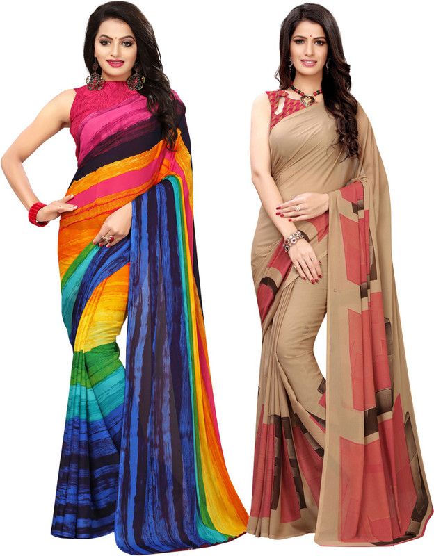 Printed, Geometric Print, Floral Print Daily Wear Georgette Saree  (Pack of 2, Beige, Pink)