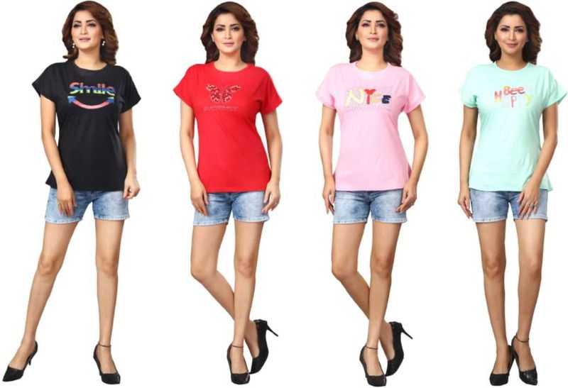 Pack of 4 Women Printed Round Neck Pure Cotton Multicolor T-Shirt
