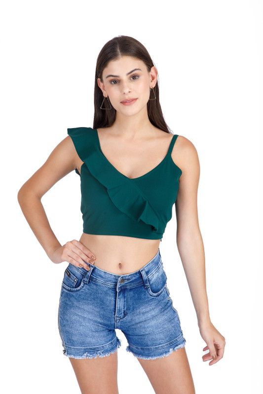 Casual Sleeveless Solid Women Green Top