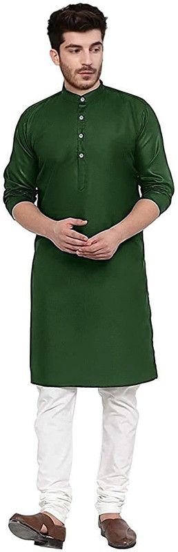 Men Solid Cotton Blend Straight Kurta  (Dark Green)