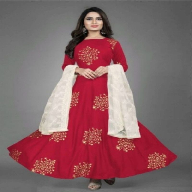 Printed Art Silk Stitched Flared/A-line Gown  (Red)