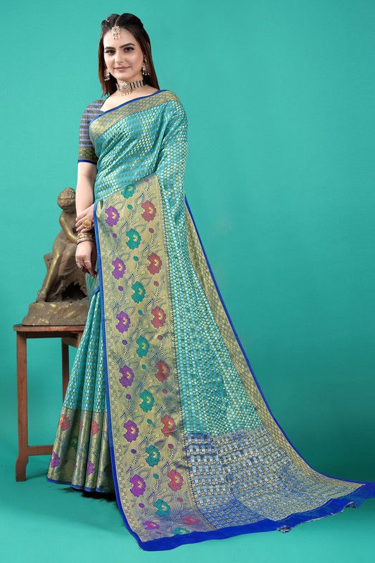 Woven, Self Design Banarasi Tissue, Cotton Silk Saree  (Light Blue)