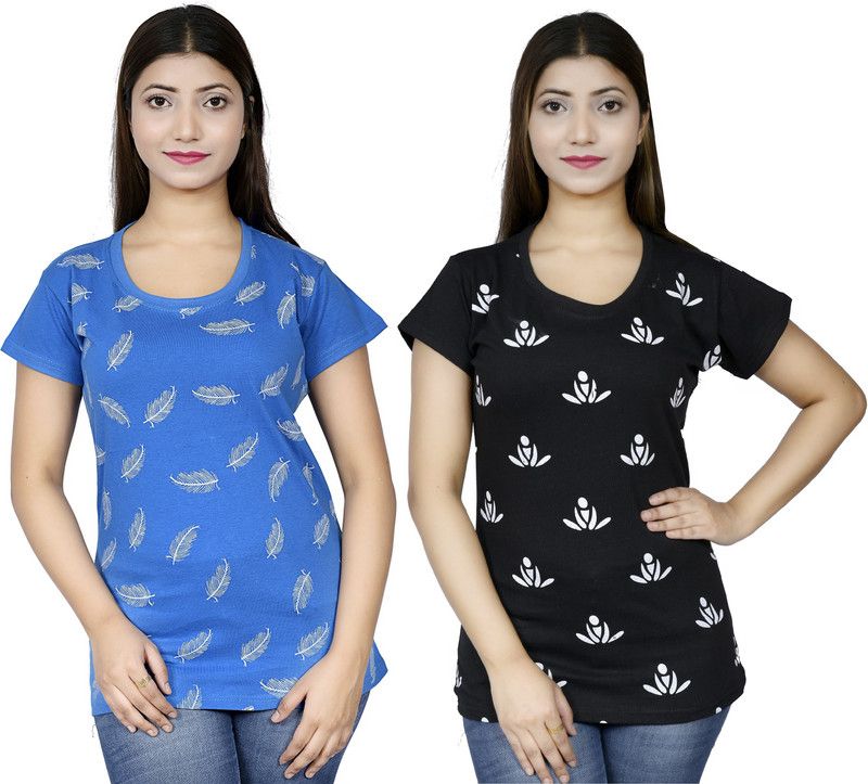 Printed Women Blue, Black T-Shirt  (Pack of 2)