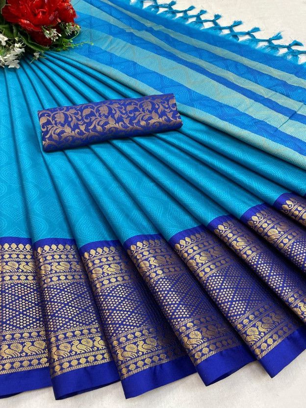 Color Block, Temple Border, Woven, Embellished Banarasi Jacquard, Cotton Silk Saree  (Light Green)