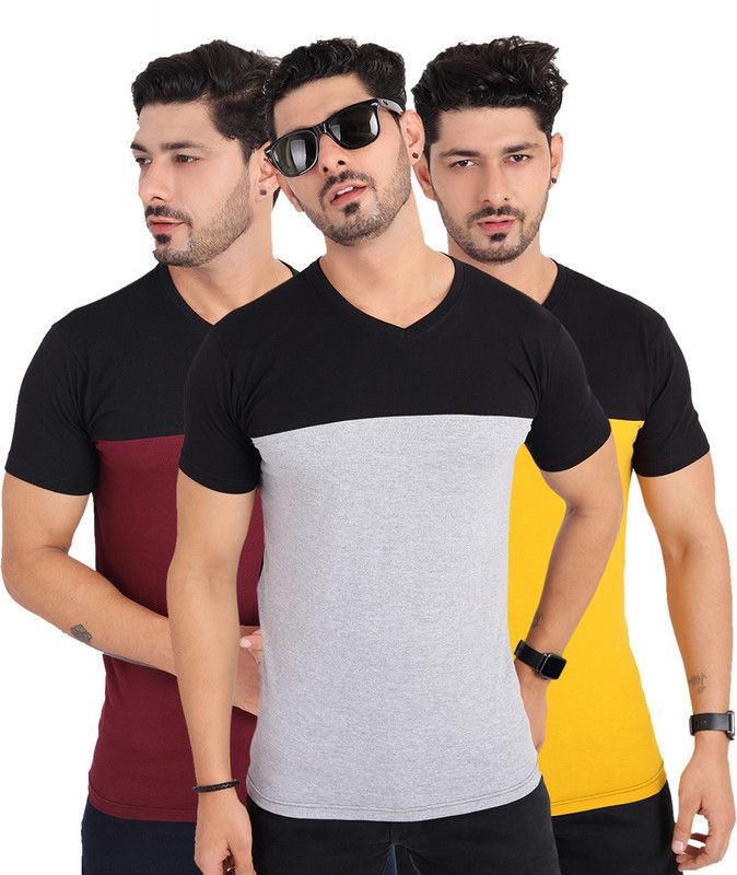 Pack of 3 PO3-MHS-VNECK-CS Men Colorblock Round Neck Pure Cotton Maroon, Grey, Yellow T-Shirt