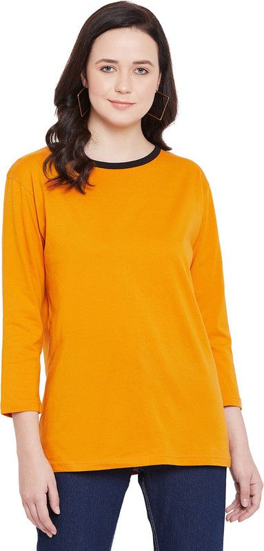 Women Colorblock Round Neck Pure Cotton Yellow T-Shirt