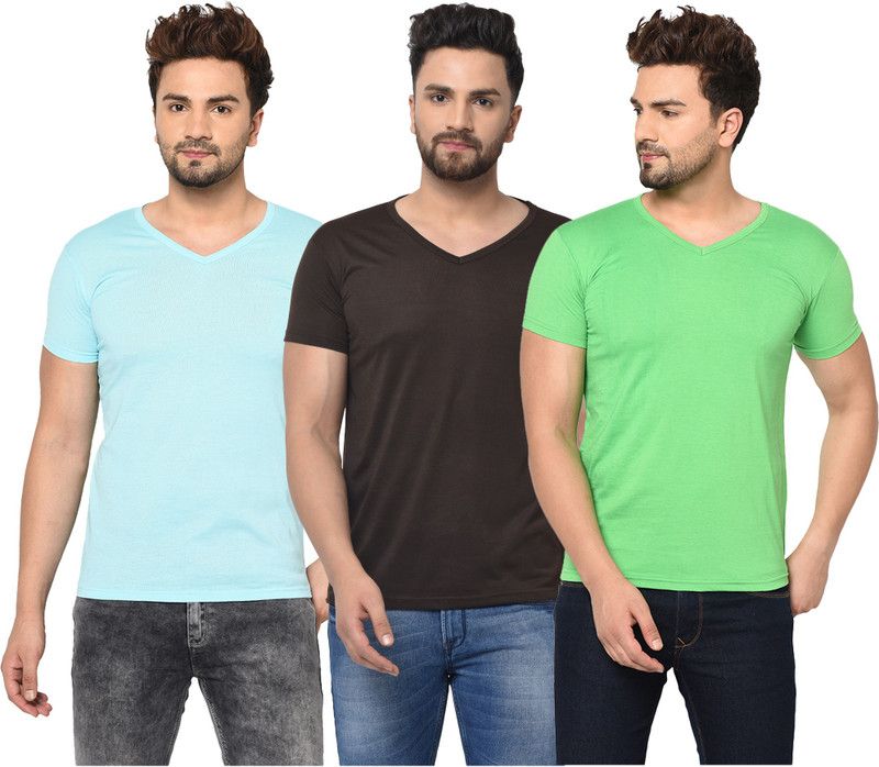 Pack of 3 Men Solid V Neck Cotton Blend Light Blue, Brown, Light Green T-Shirt