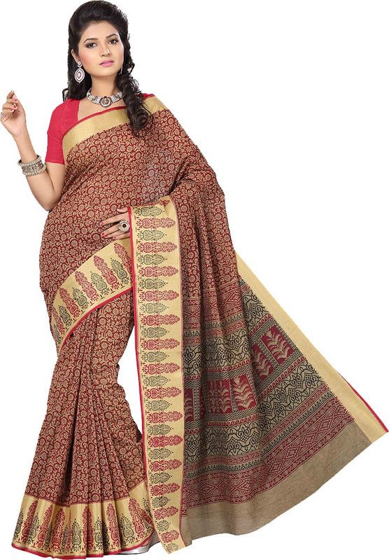 Printed Gadwal Cotton Blend Saree  (Maroon, Beige)
