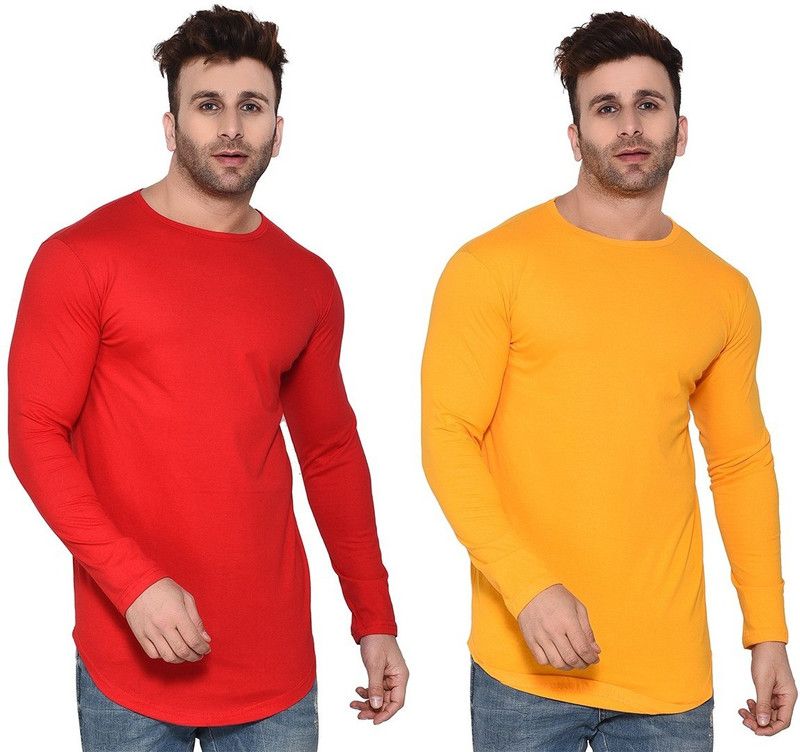 Pack of 2 Men Solid Round Neck Cotton Blend Red, Yellow T-Shirt