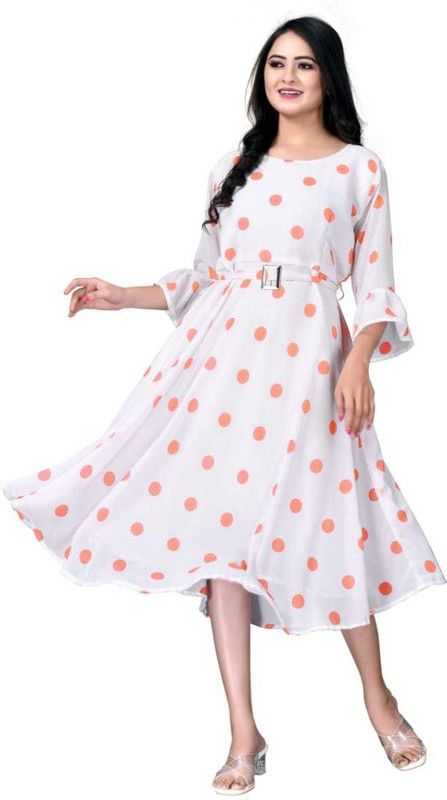 Women Fit and Flare Orange, White Dress