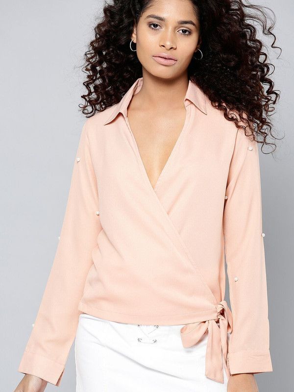 Party Regular Sleeves Solid Women Beige Top