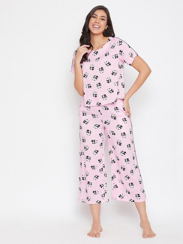Women Top & Pyjama Set Pink Graphic Print