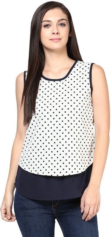 Casual Sleeveless Polka Print Women White, Black Top