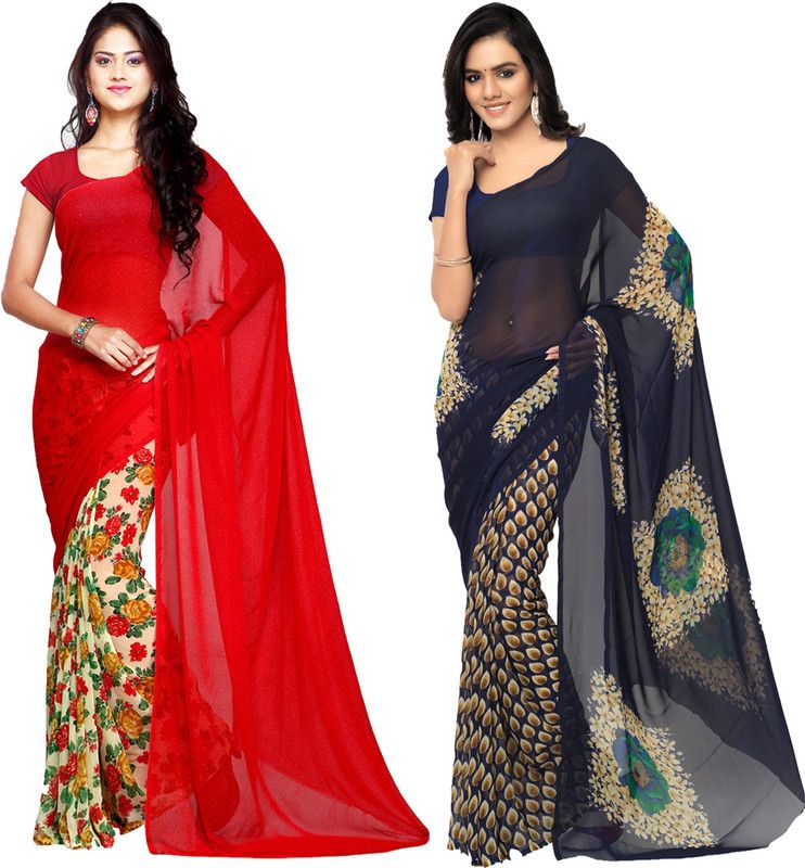 Printed Bollywood Georgette Saree  (Pack of 2, Dark Blue, Red)