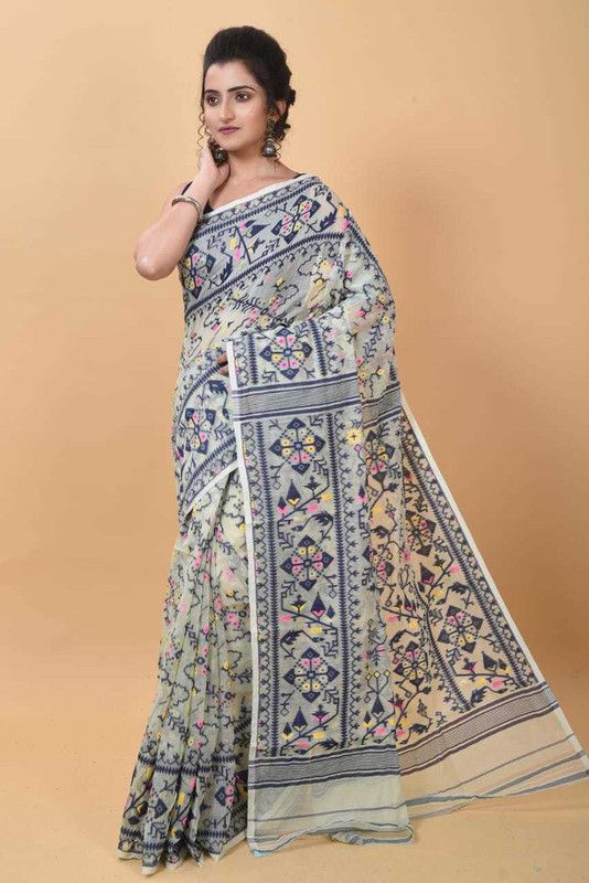 Woven Handloom Cotton Silk Saree  (Grey)