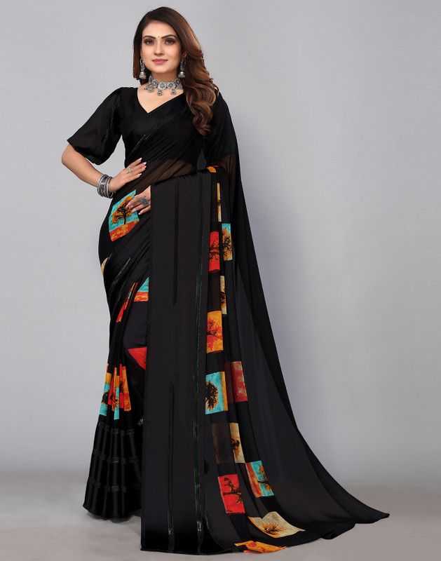 Floral Print, Printed, Striped, Woven, Embellished, Geometric Print Bollywood Georgette Saree  (Black)