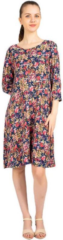 Women A-line Multicolor, Dark Blue Dress