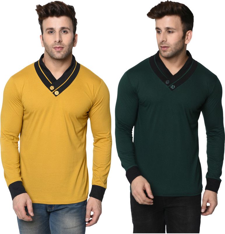 Pack of 2 Men Colorblock V Neck Cotton Blend Dark Green, Gold T-Shirt