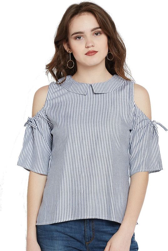 Casual Cold Shoulder Sleeves Striped Women White, Blue Top