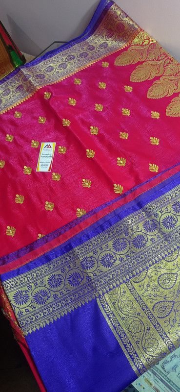 Banarasi Silk Blend Saree  (Pink, Blue)