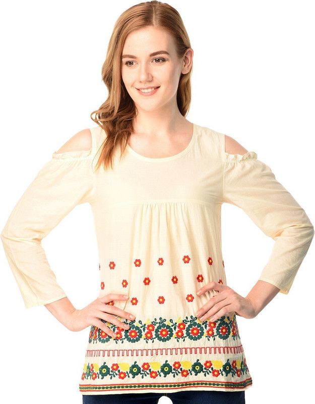 Casual Cold Shoulder Sleeves Embroidered Women Beige Top