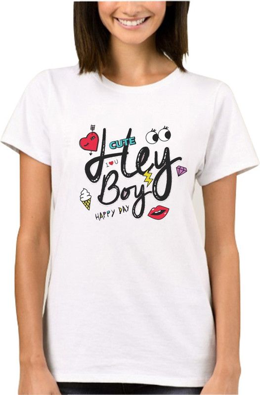 Hey Boy Women Printed Round Neck Cotton Blend White T-Shirt