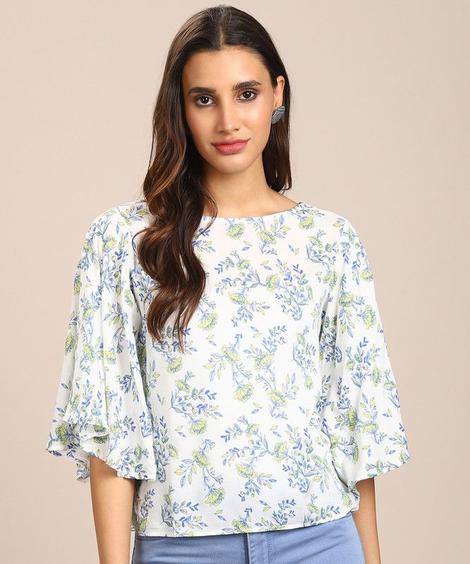 Casual Butterfly Sleeves Printed Women White Top