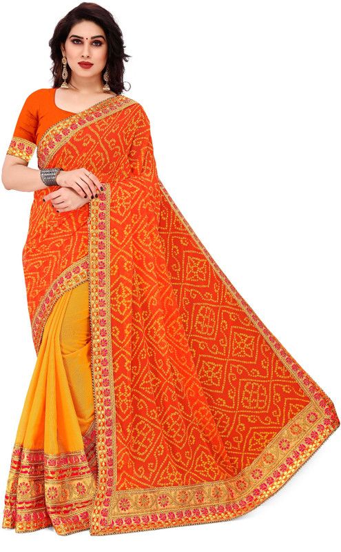 Embroidered Bandhani Georgette, Art Silk Saree  (Orange)