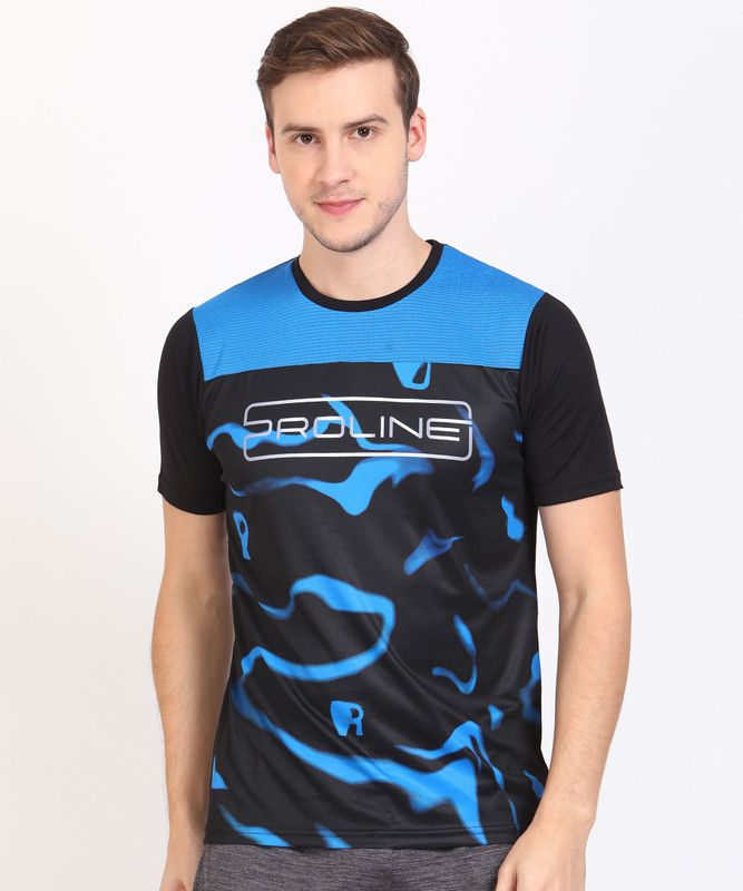 Men Printed Round Neck Polyester Blue, Black T-Shirt