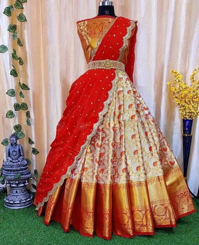 Self Design Semi Stitched Lehenga Choli  (Gold, Red)