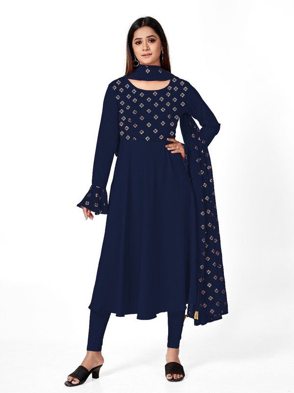 Women Printed Crepe Flared Kurta With Attached Dupatta  (Dark Blue, Gold)
