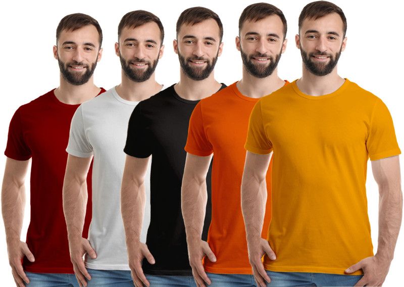 Pack of 5 Men Solid Round Neck Pure Cotton White, Maroon, Black, Orange, Yellow T-Shirt