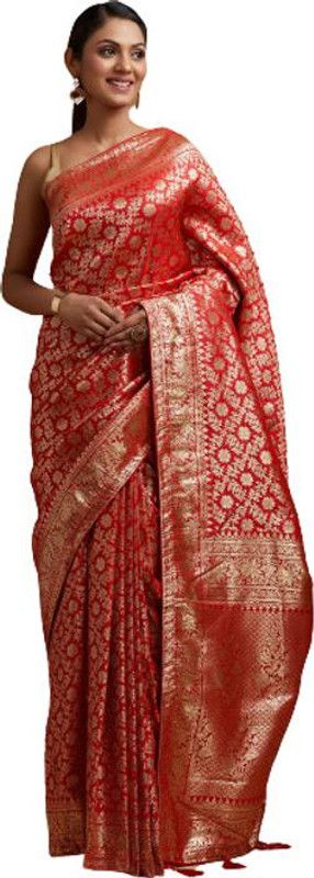 Woven, Checkered Kanjivaram Jacquard, Pure Silk Saree  (Red)